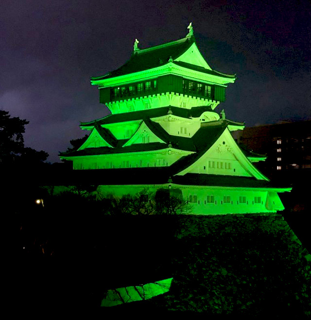 世界緑内障週間 ライトアップ in グリーン運動、県内は「小倉城」がライトアップ