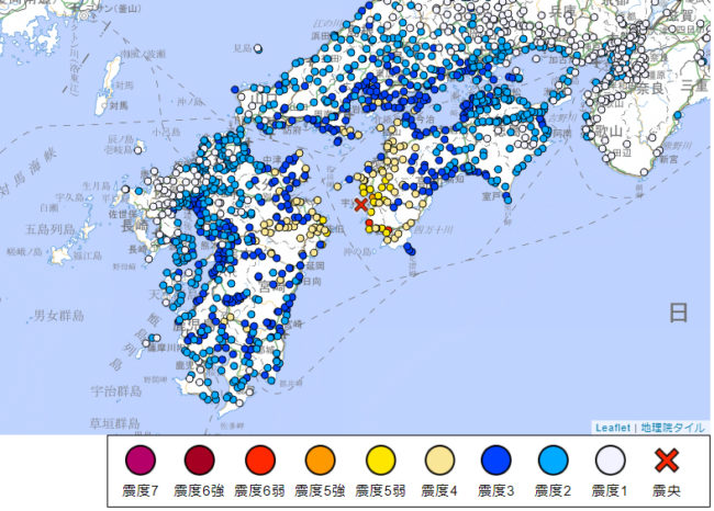 愛媛県などでマグニチュード6.4、最大震度6弱の地震