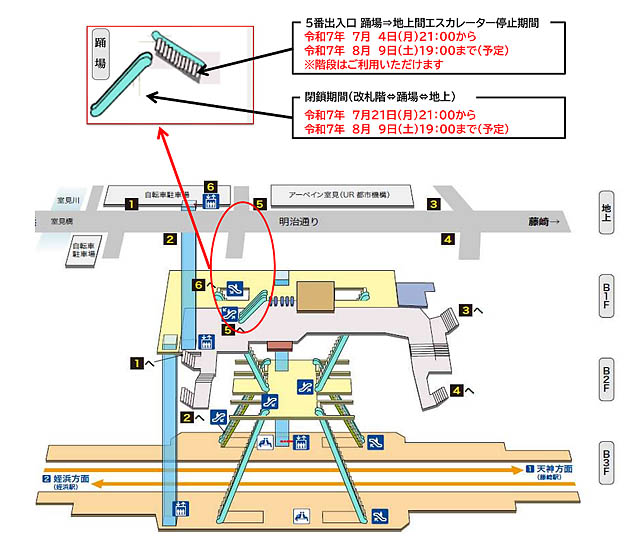 福岡市地下鉄 - 室見駅エスカレーター工事に伴う出入口の一時閉鎖について