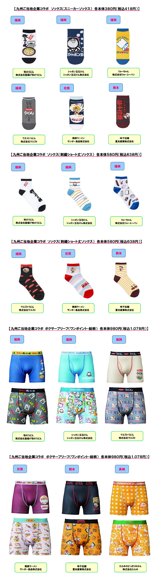 イオン九州「九州ご当地企業コラボ ボクサーブリーフ＆ソックス」順次販売へ