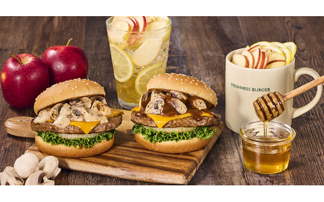 フレッシュネス「秋の定番マッシュルームチーズバーガー」今年は世界三大きのこソースで深み倍増登場