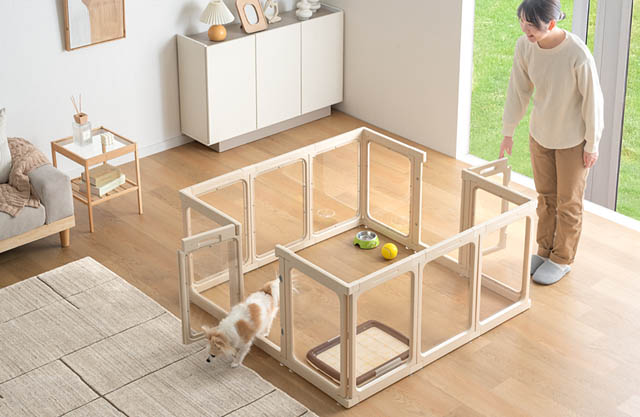 大川発「愛犬の視線」守る新発想 - タンスのゲンが透明ペットサークルを発売