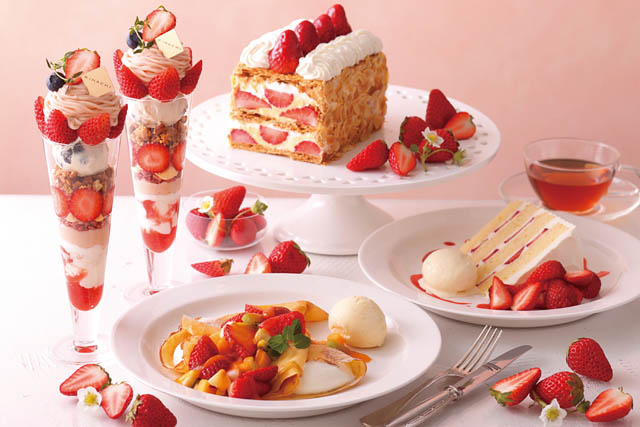 キハチ カフェ福岡三越 – モンブランとティラミスをイメージした春いちごのパフェ2種やクレープなど「春のストロベリーフェア」開催